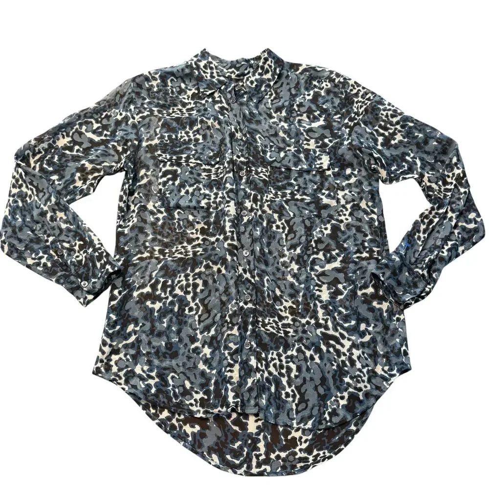 Equipment Femme silk semisheer button down blouse, blue animal print, pockets, S